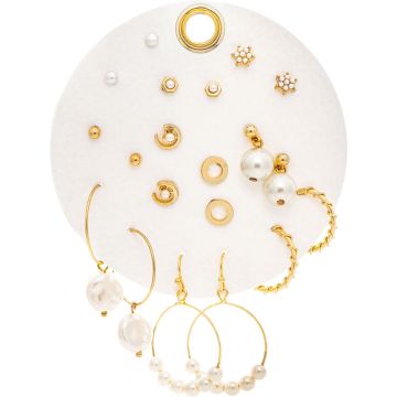 Gold Ten Piece Moons Pearls Hoops and Post Earring Set