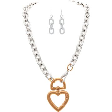 Two Tone Heavy Chain Link Heart Necklace