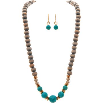 Gold Turquoise Blue Grey Wood Bead Necklace