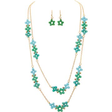 Gold Green Glass Flower Beads Necklace Set