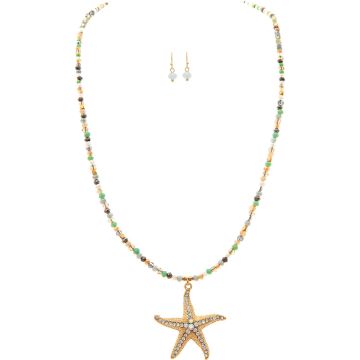 Gold Crystal Starfish Beaded Cord Necklace Set