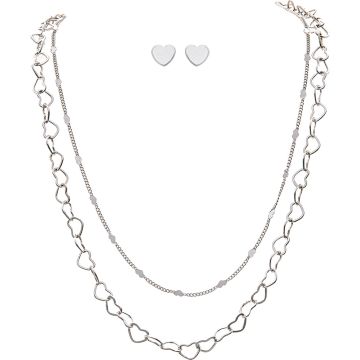 Silver Heart Chain Layered Necklace Set