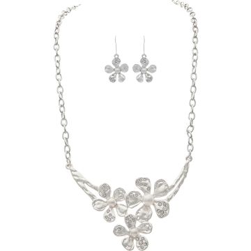 Silver Crystal Pearl Flowers Necklace Set
