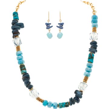 Gold Blue Stone Glass Bead Necklace Set