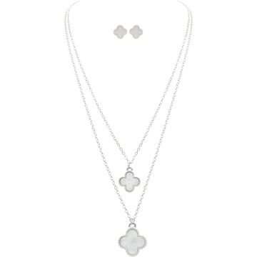 Silver White Layered Clover Necklace Set