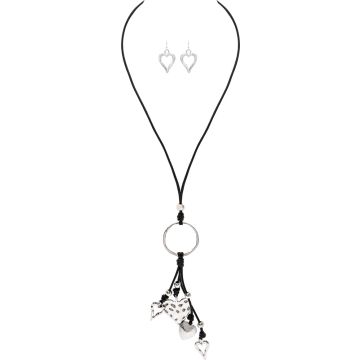 Silver Black Cord Heart Bundle Necklace Set