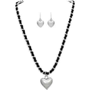 Silver Black Brain Chain Puff Heart Necklace Set
