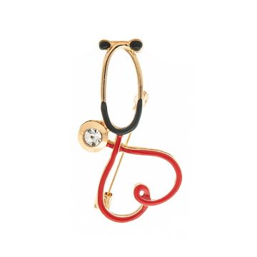 Gold Red Stethoscope Heart Pin