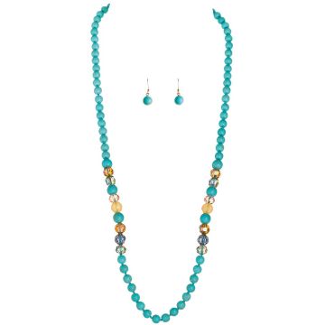 DC - Turquoise Smooth Bead Long Necklace Set - 6 pcs min.