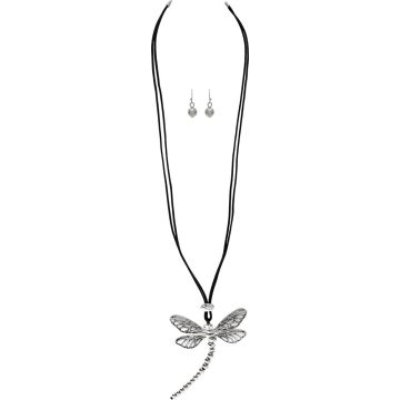 Silver Black Large Dragonfly Necklace Set