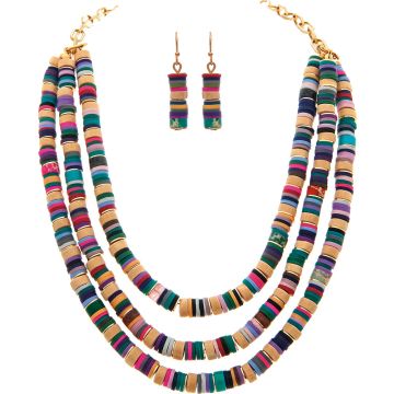Gold Three Row Multicolor Rubber Disc Necklace Set