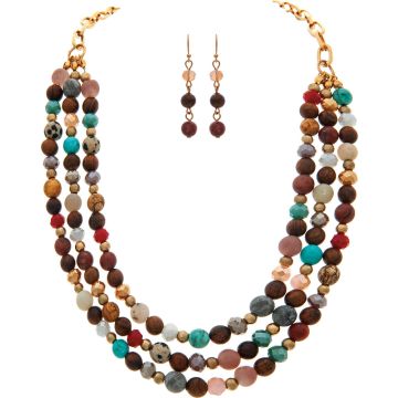 Gold Turquoise Brown Stone Bead Layer Necklace Set
