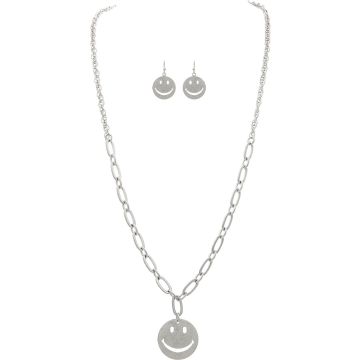 Silver Happy Face Circle Necklace Set