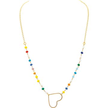 Gold Heart Center Multicolor Bead Necklace Only No Earrings