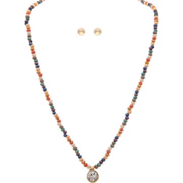 Gold Multicolor Glass Bead Crystal Drop Necklace Set