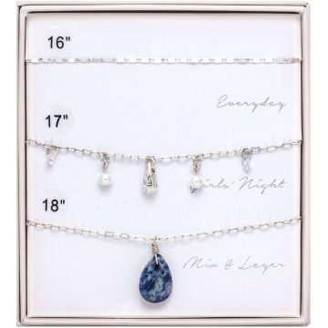 Silver Tab Chain, Faux Pearl Crystal Dangle, Sodalite Teardrop Gift Boxed Layering Necklace Trio #5