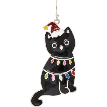 Silver Black Lit Up Christmas Cat Earring