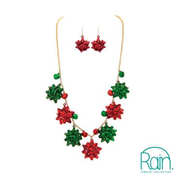 Gold Red Green Bows Necklace Set